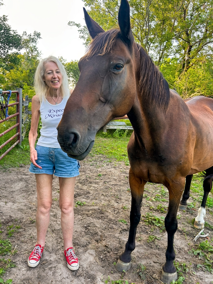 9826373f-0932-40c2-87e3-93e8d522849e The author interacts with one of the therapy horses.